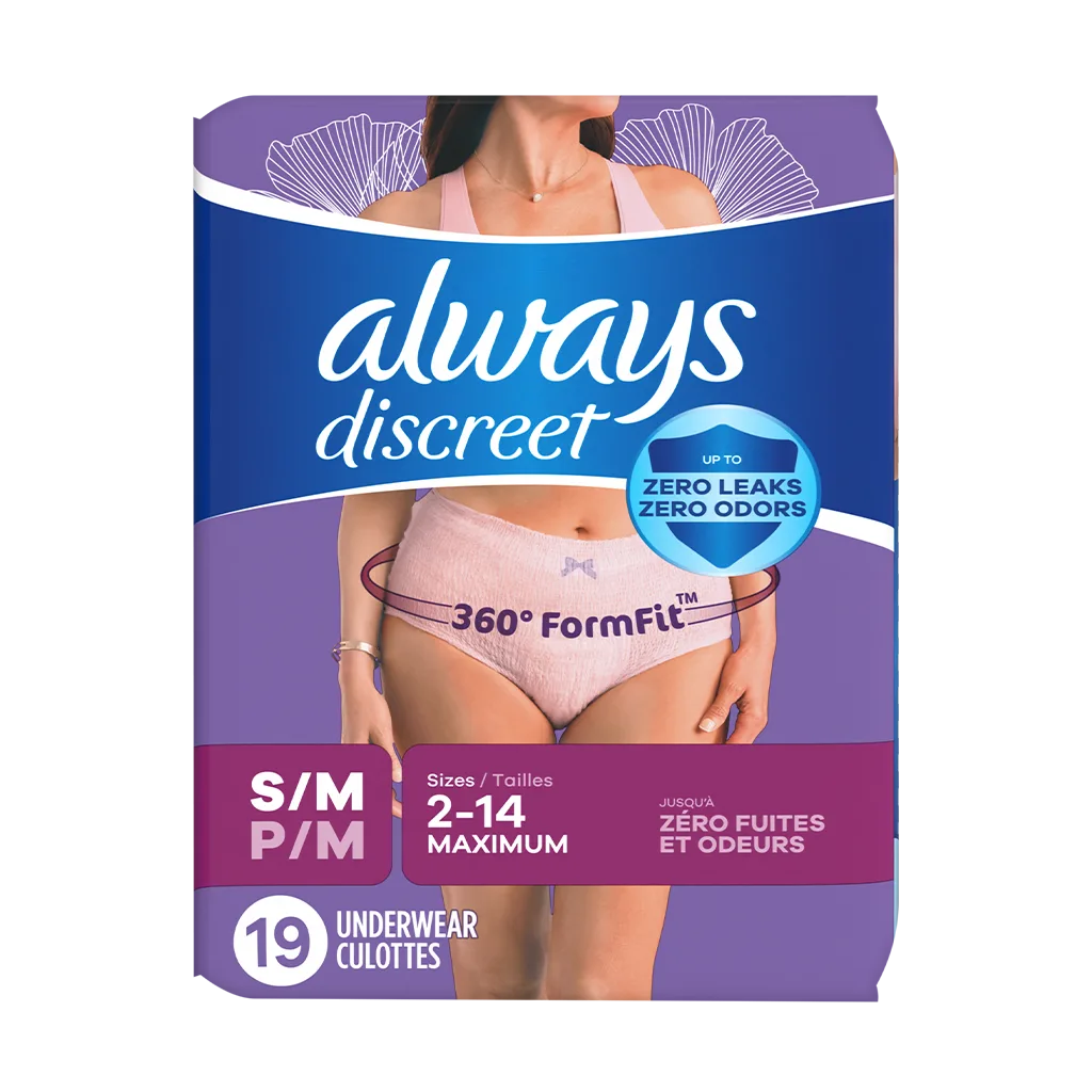 Always Discreet Maximum Protection Underwear for Women by Always, size S/M, 19 count. Features 360° FormFit for maximum protection, with zero leaks and odors. Packaging shows a woman wearing the underwear.