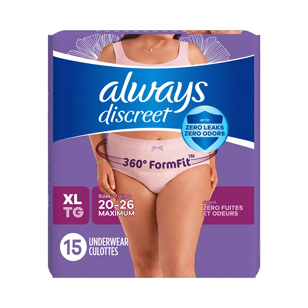A package of Always Discreet Maximum Protection Underwear for Women by Always, size XL (20–26), includes 15 underwear with 360° FormFit for leak and odor control. The packaging features a confident woman wearing the product.