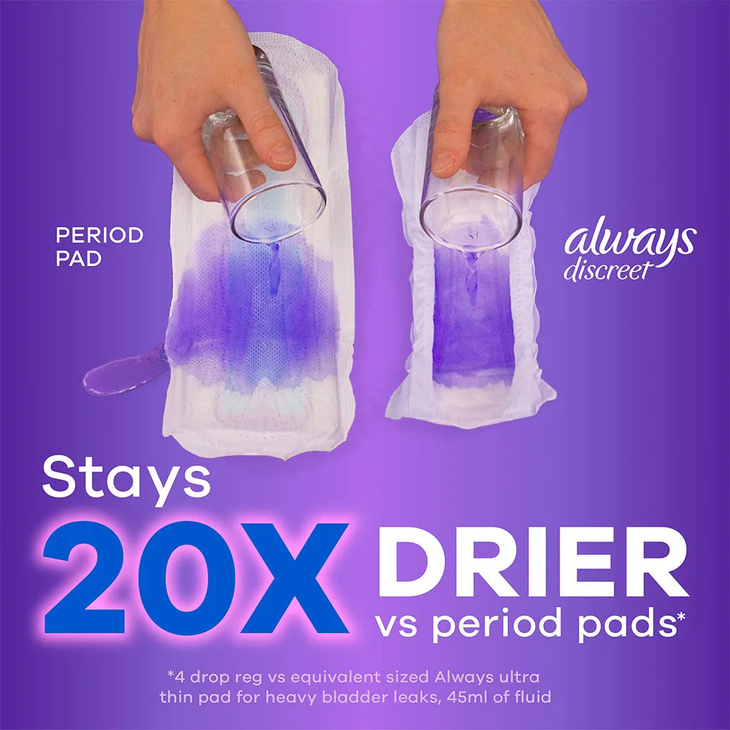 Two hands pour liquid onto two pads: the left, a period pad, looks wet, while the right—Always Discreet Moderate Pads, 4 Drops by Always—stays 20X drier for superior bladder leakage protection and odor control.