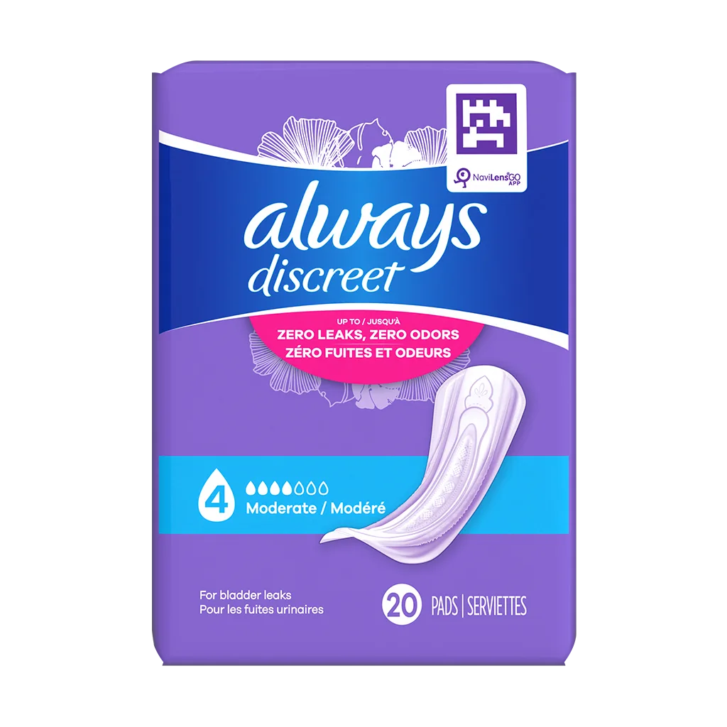 A purple pack of Always Discreet Moderate Pads, 4 Drops by Always, features a pad illustration and highlights zero leaks and odor control. The package includes 20 pads with English and French labeling for bladder leakage protection.
