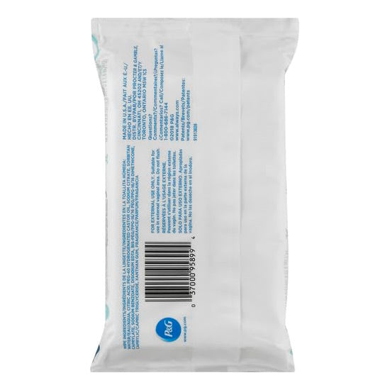 The image shows the back of Always Feminine Wipes, Fresh & Clean, Soft Pack by Always, featuring ingredients and product info, a barcode, and a small blue Procter & Gamble (P&G) logo at the bottom.