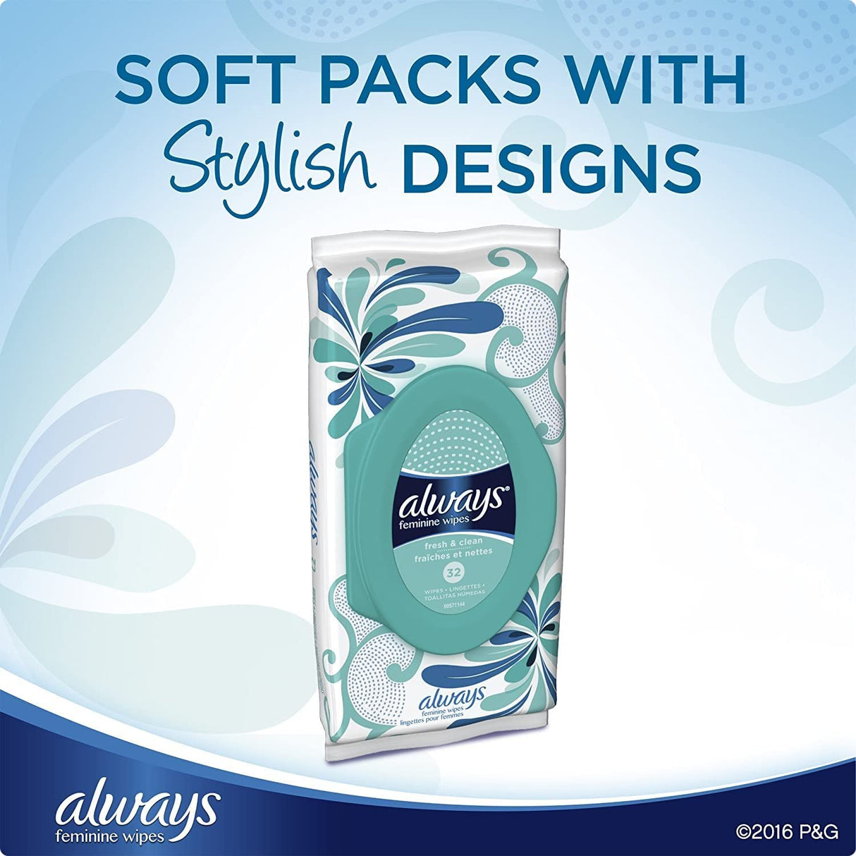 A pack of Always Feminine Wipes, Fresh & Clean, Soft Pack is shown. The packaging features a blue and green floral design with the Always logo, highlighting these convenient feminine hygiene wipes in a stylish soft pack.
