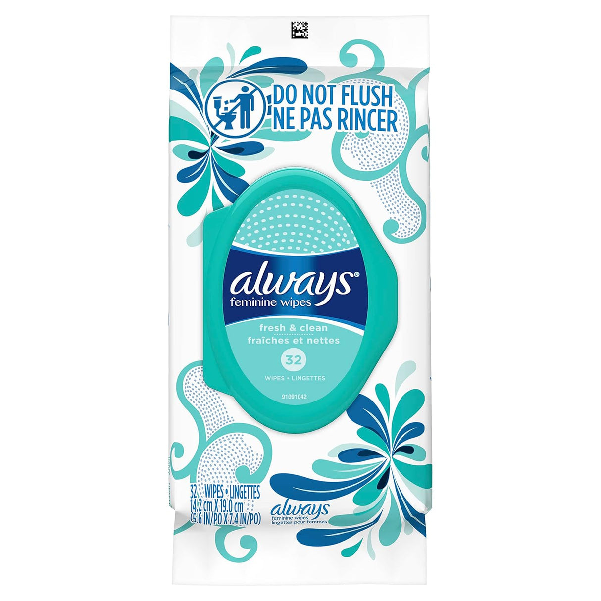 A pack of Always Feminine Wipes, Fresh & Clean, Soft Pack by Always with teal and blue floral designs contains 32 wipes. The label warns: “Do not flush / Ne pas rincer.”.