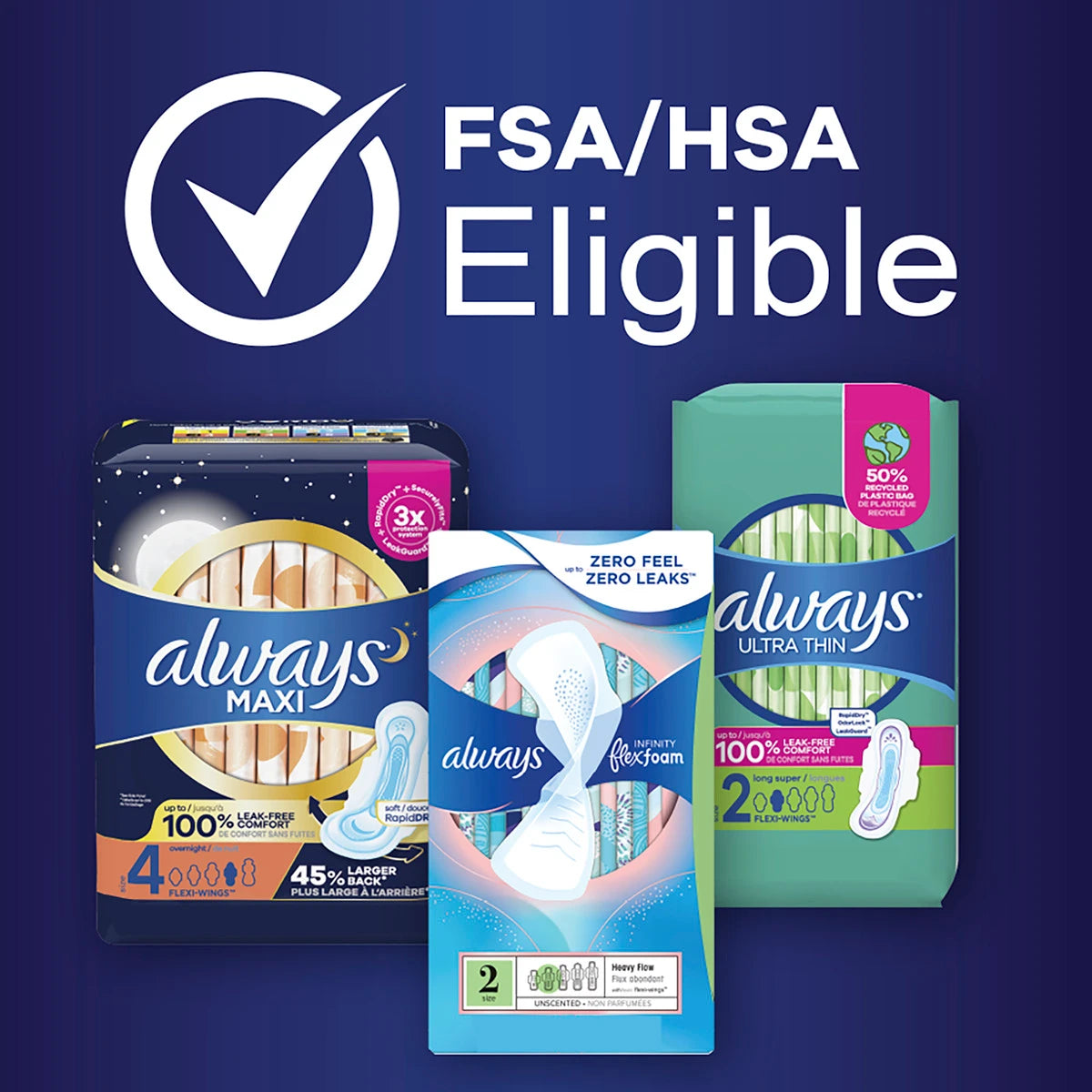 Three packs of Always Maxi Size 5 Extra Heavy Overnight Pads with Wings, Unscented, from Always, shown on a purple background with a large checkmark and “FSA/HSA Eligible.” Ideal for extra heavy overnight menstrual protection.