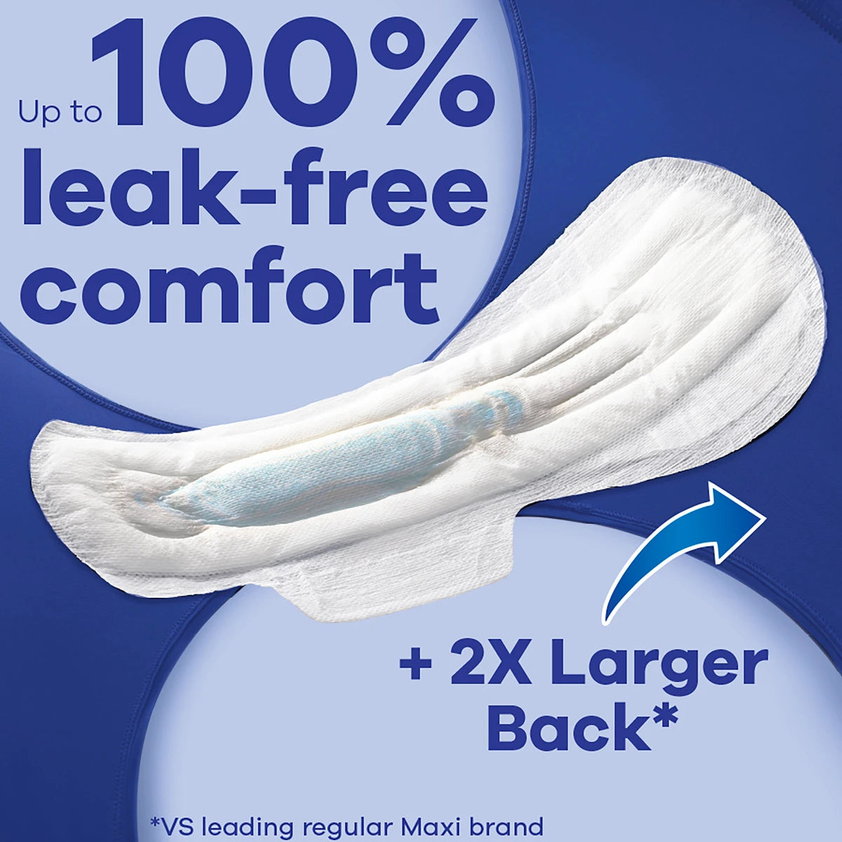 Always Maxi Size 5 Extra Heavy Overnight Pads with Wings by Always are shown on a blue background. Text highlights up to 100% leak-free protection and +2X larger back*—perfect for overnight use. Unscented for comfort.