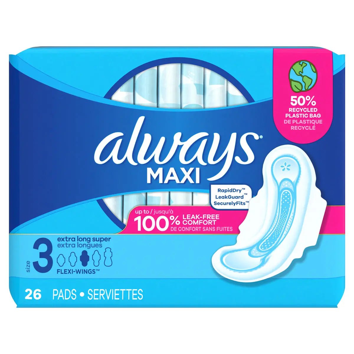 Always Maxi Size 3 Extra Long Super Pads with Wings, Unscented - 03700098727-Pack - LL Medico