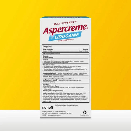 A box of Aspercreme Lidocaine Fragrance-Free Pain Relief Roll-On by Aspercreme is shown against a yellow background, with the back displaying drug facts, usage directions, and manufacturer details.
