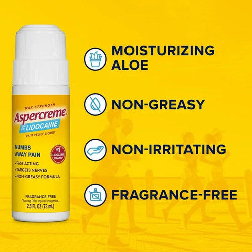An Aspercreme Lidocaine Fragrance-Free Pain Relief Roll-On is displayed beside icons for four features—moisturizing aloe, non-greasy, non-irritating, and fragrance-free—on a yellow background.