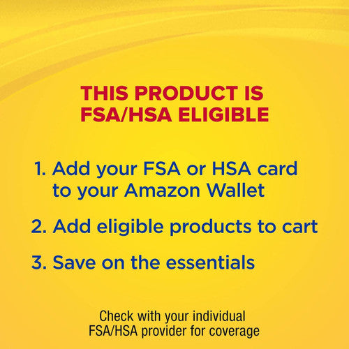 Yellow graphic with bold red text: “Aspercreme Lidocaine Fragrance-Free Pain Relief Roll-On is FSA/HSA eligible.” Blue text explains adding Aspercreme or other essentials to your Amazon Wallet. Small print: Check provider for coverage.