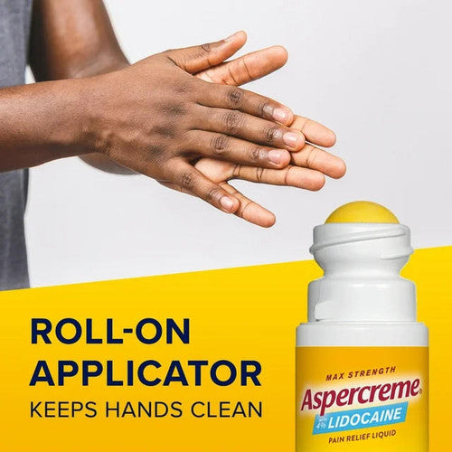 A person rubs their hands together above an Aspercreme Lidocaine Fragrance-Free Pain Relief Roll-On bottle. Text reads: Aspercreme roll-on applicator keeps hands clean.