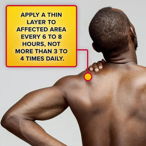 A person with short hair is seen from the back touching their shoulder. A sign reads: Apply a thin layer of Aspercreme Lidocaine Fragrance-Free Pain Relief Roll-On to affected area every 6-8 hours, not more than 3-4 times daily.