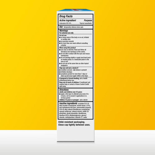 A white box with black drug facts text on one side is shown against a yellow and gray background. It details Aspercreme Max Strength Lidocaine Pain Relief Cream 2.7 oz by Aspercreme, listing ingredients, uses, warnings, directions, and packaging instructions.