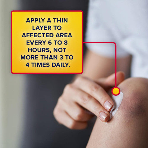 A person applies Aspercreme Max Strength Lidocaine Pain Relief Cream 2.7 oz to their knee. A yellow box gives instructions: Apply a thin layer to the affected area every 6–8 hours, not more than 3–4 times daily.