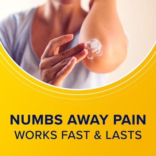A person applies Aspercreme Max Strength Lidocaine Pain Relief Cream 2.7 oz to their elbow. Below the image, bold text reads: NUMBS AWAY PAIN. WORKS FAST & LASTS on a yellow background. Experience powerful Aspercreme lidocaine relief.