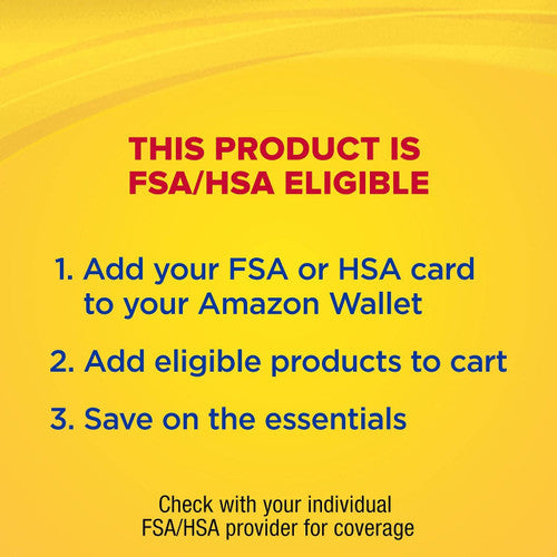 Yellow background with text: Aspercreme Max Strength Lidocaine Pain Relief Cream 2.7 oz is FSA/HSA eligible. Add your card to Amazon Wallet, add this Aspercreme product to cart, and save on essentials. Check with your provider for coverage.