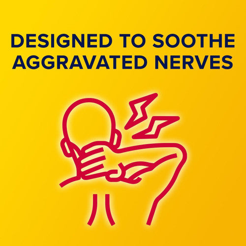 A graphic of a person holding their neck with red lines and lightning near the neck and shoulder, text above reading DESIGNED TO SOOTHE AGGRAVATED NERVES—featuring Aspercreme Max Strength Lidocaine Pain Relief Cream 2.7 oz on a yellow background.