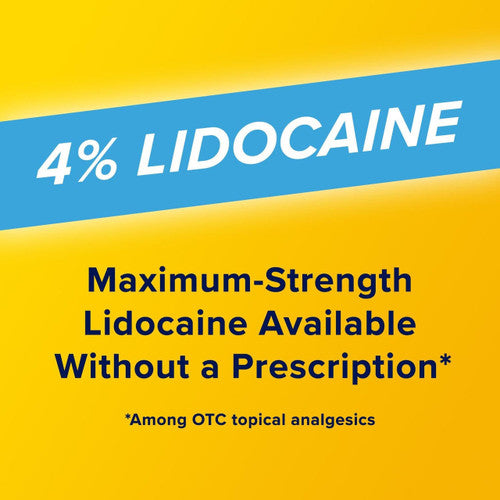 Image with a yellow background and blue diagonal banner reading “4% LIDOCAINE.” Below, text says, “Aspercreme Max Strength Lidocaine Pain Relief Dry Spray 4 oz—maximum-strength lidocaine available OTC*,” with “*Among OTC topical analgesics.”.
