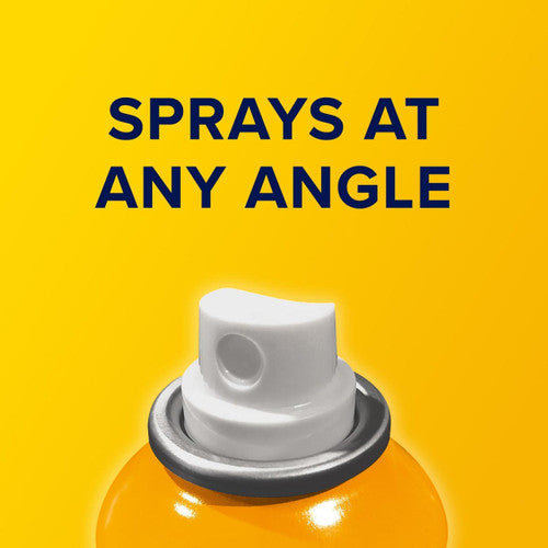 A close-up of an Aspercreme Max Strength Lidocaine Pain Relief Dry Spray 4 oz Odor Free can nozzle against a yellow background, with Sprays at any angle in bold blue above, highlights its convenient topical analgesic application.