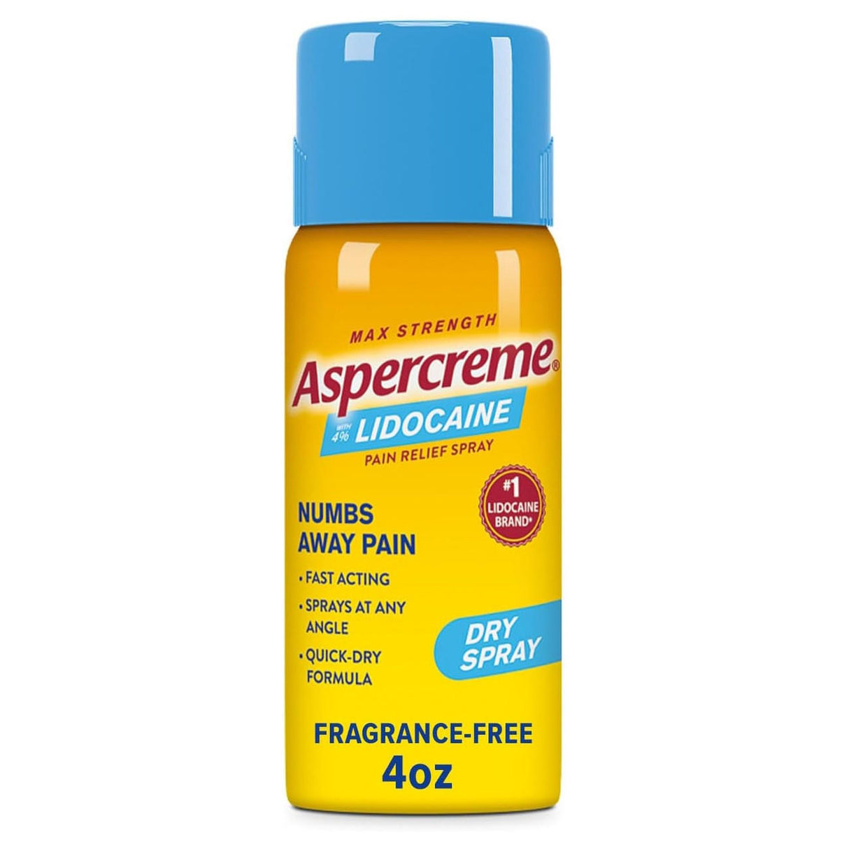 Aspercreme Max Strength Lidocaine Pain Relief Dry Spray 4 oz, by Aspercreme, provides fast-acting, odor-free pain relief with a quick-dry formula and can be sprayed at any angle to numb away pain.
