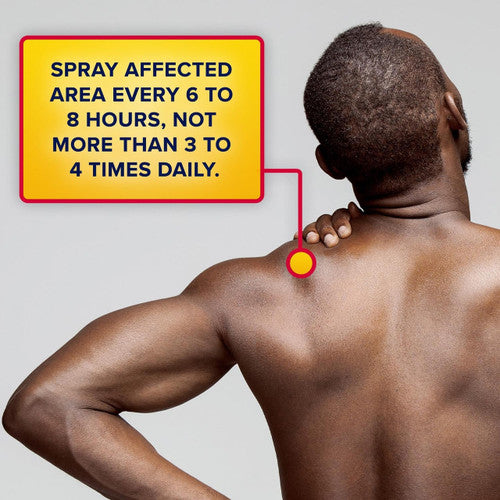 A person with their back to the camera touches their left shoulder. A circle marks the spot, with a box that reads: “Spray Aspercreme Max Strength Lidocaine Pain Relief Dry Spray every 6–8 hrs, up to 3–4 times daily.”.