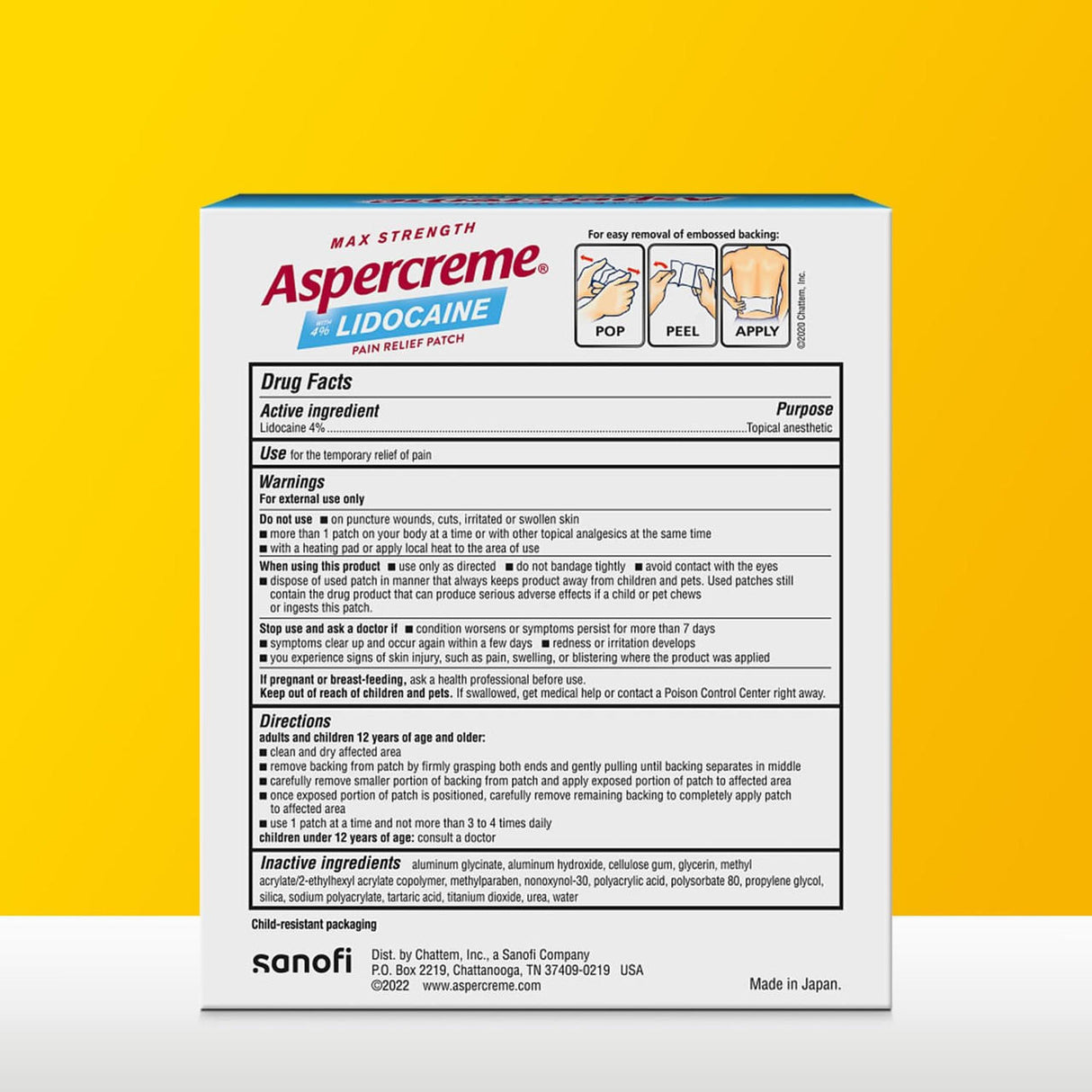 The back of an Aspercreme Max Strength Lidocaine Pain Relief Patch box lists drug facts, warnings, and directions. With a white and yellow design, it highlights maximum-strength lidocaine for effective topical pain relief. Brand: Aspercreme.