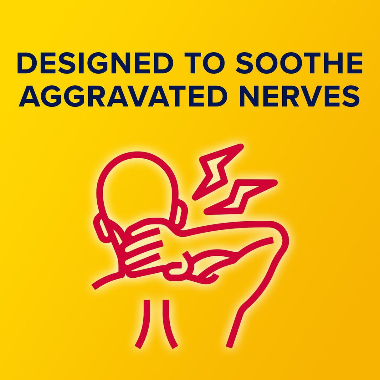 Outline of a person holding their neck with red zigzag pain lines, next to “DESIGNED TO SOOTHE AGGRAVATED NERVES” on yellow—ideal for highlighting Aspercreme Max Strength Lidocaine Pain Relief Patch by Aspercreme.