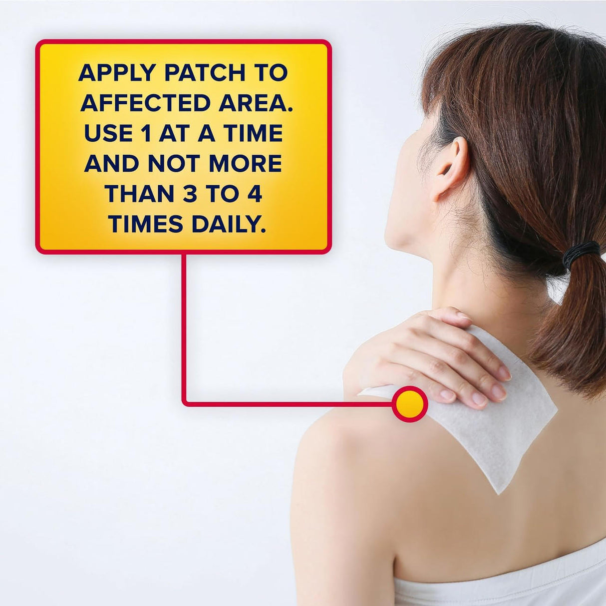 A woman applies an Aspercreme Max Strength Lidocaine Pain Relief Patch to her upper back. A highlighted box reads: APPLY PATCH TO AFFECTED AREA. USE 1 AT A TIME. DO NOT EXCEED 3 TO 4 PATCHES DAILY. Brand: Aspercreme.
