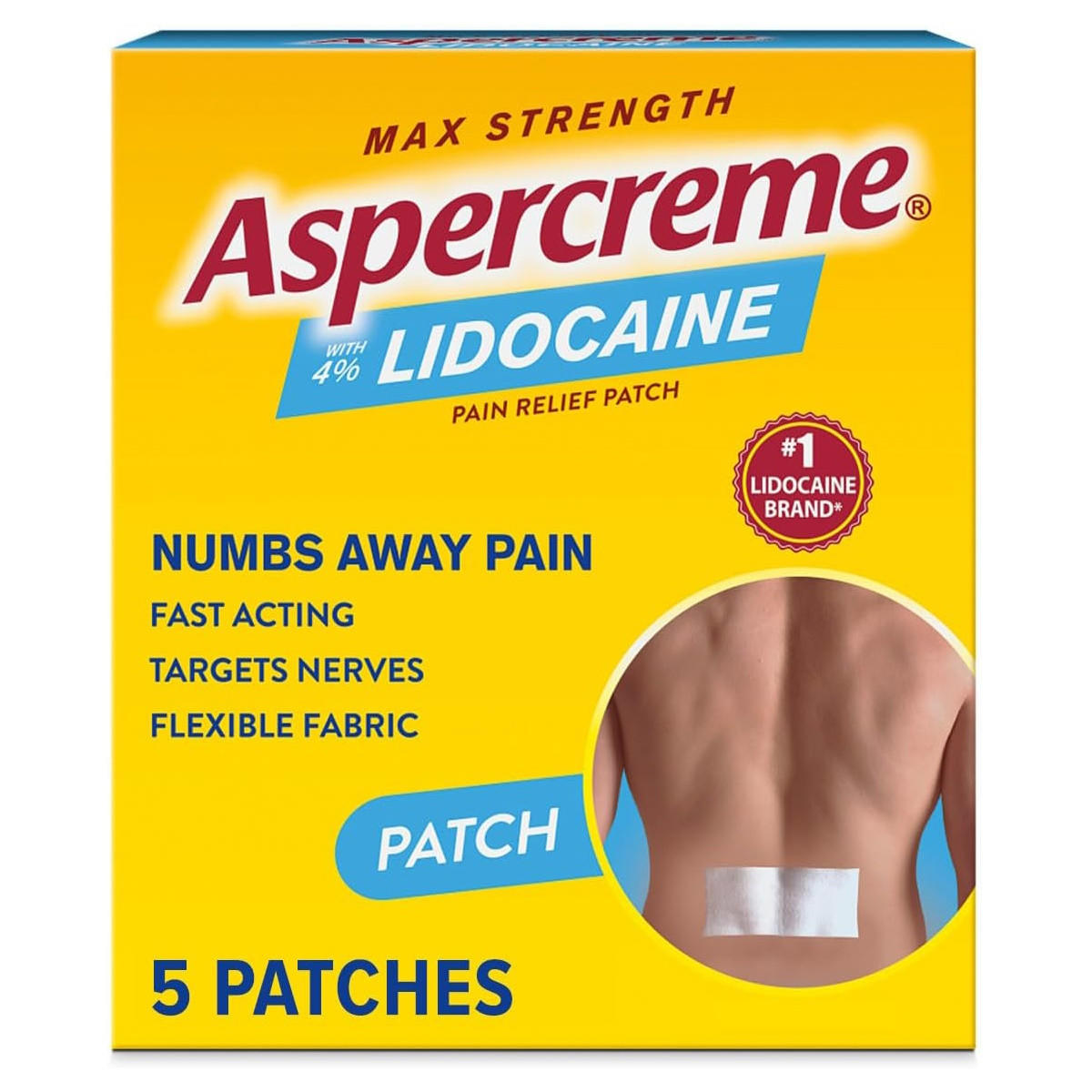 Aspercreme Max Strength Lidocaine Pain Relief Patch by Aspercreme features 4% lidocaine, numbs pain fast, targets nerves, and offers flexible fabric. Packaging shows a patch on a lower back with benefits highlighted.