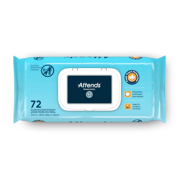 Attends Adult Washcloths: Blue pack with resealable lid, 72 wipes per pack. Hypoallergenic, pH-balanced, scented, and latex-free for sensitive skin. Icons highlight softness and safety. Brand: Attends.