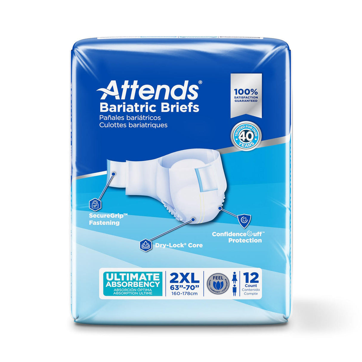 Attends Bariatric Briefs in sizes 2XL–5XL offer heavy absorbency and feature SecureGrip fastening and ConfidenceCuff protection in blue packaging, providing superior bariatric incontinence care. Each pack contains 12 briefs for waists 63–70 inches.