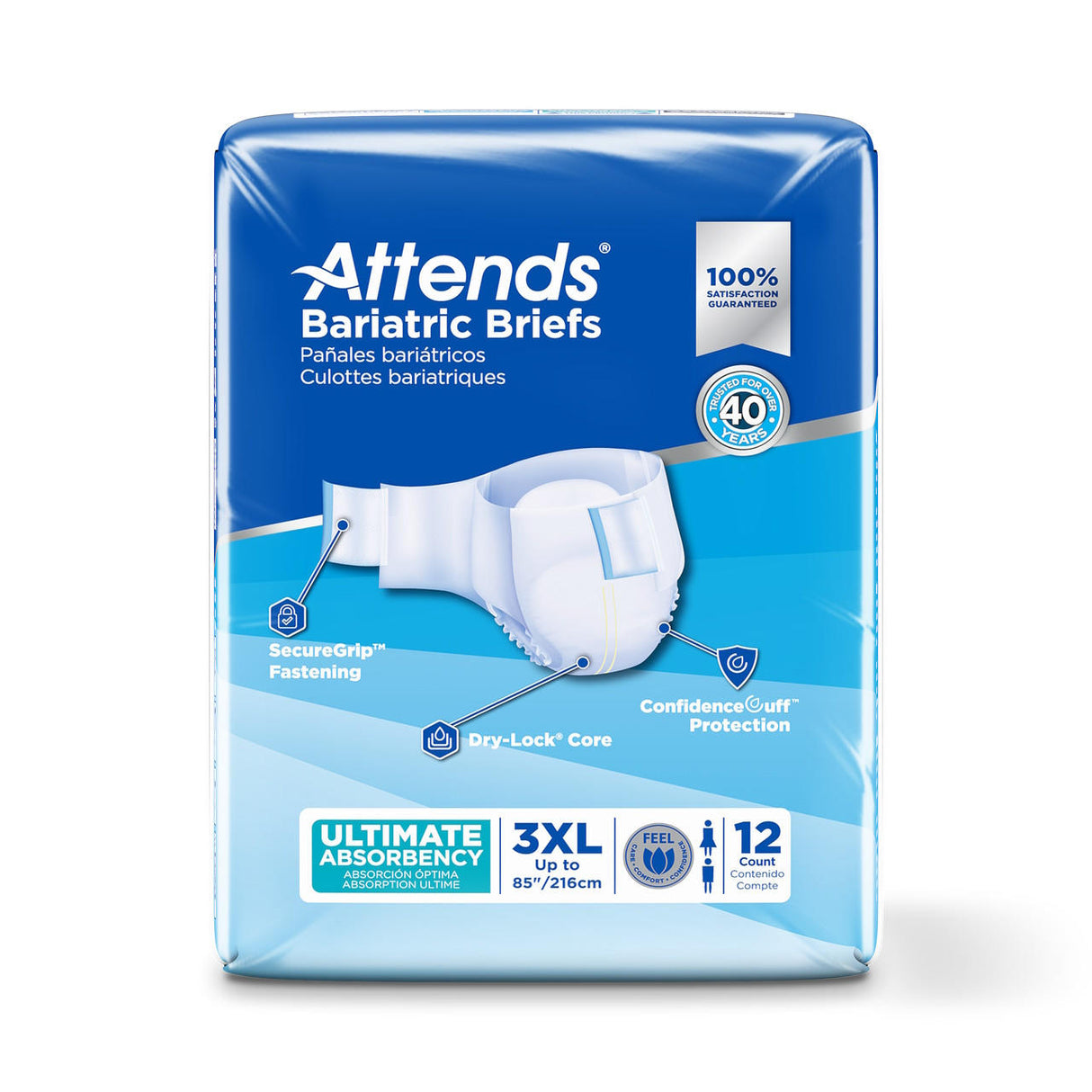 Attends Bariatric Briefs, size 3XL, provide heavy absorbency and fit waists up to 85. This blue and white pack contains 12 incontinence briefs with SecureGrip fastening and ConfidenceCuff by Attends.