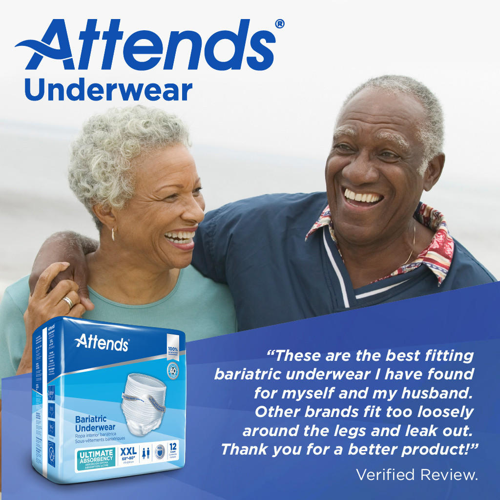 An older couple smiles while embracing outdoors. In the corner is a pack of Attends Bariatric Protective Underwear, 2XL. A review highlights its great fit and leak protection for heavy incontinence. The Attends logo appears above.