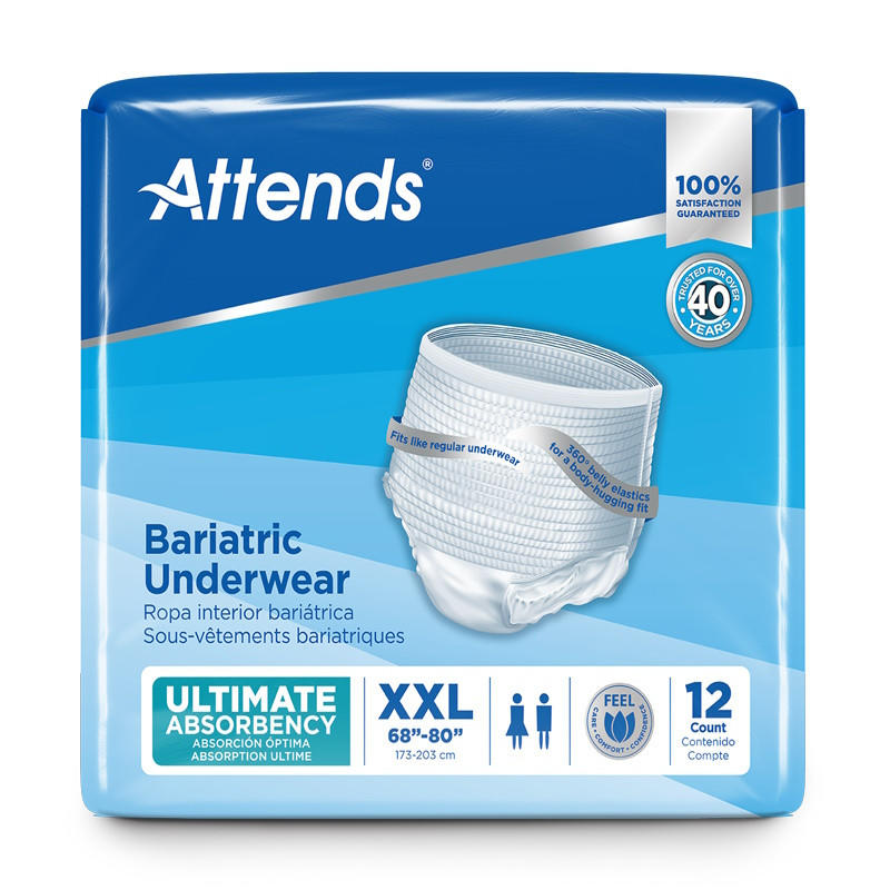 A package of Attends Bariatric Protective Underwear, 2XL, for heavy incontinence. The blue and white pack shows 12 ultimate absorbency units of bariatric protective underwear by Attends.