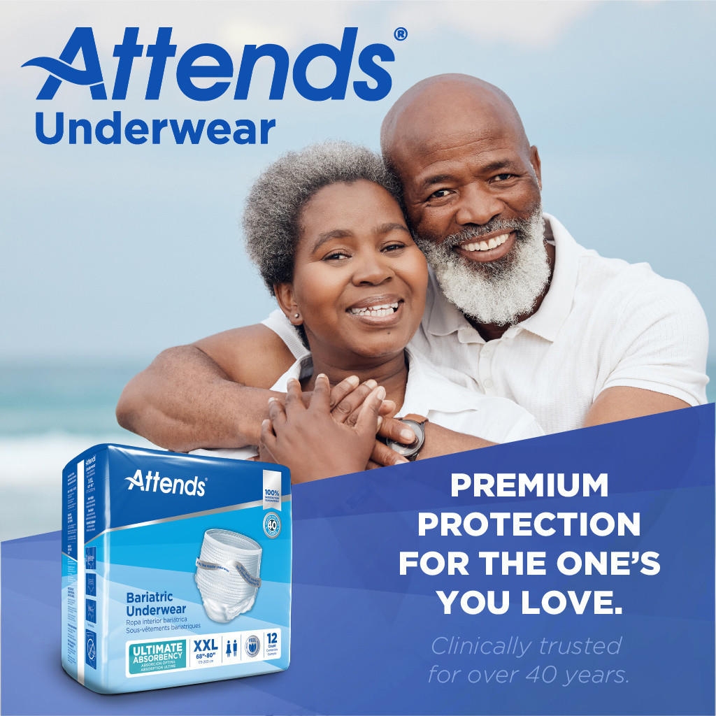 Smiling older couple embracing outdoors with a box of Attends Bariatric Protective Underwear, 2XL. Text: Attends—clinically trusted 2XL bariatric underwear for heavy incontinence. Premium protection for those you love.