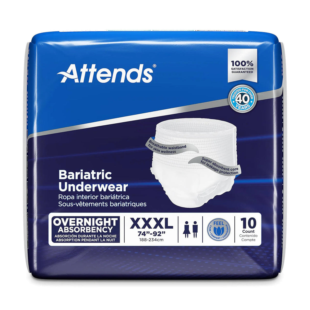 Attends Bariatric Protective Underwear, 3XL, offers heavy absorbency for waists 188-234 cm. Each blue pack contains 10 disposable briefs with Feel Dry design for comfort by Attends.