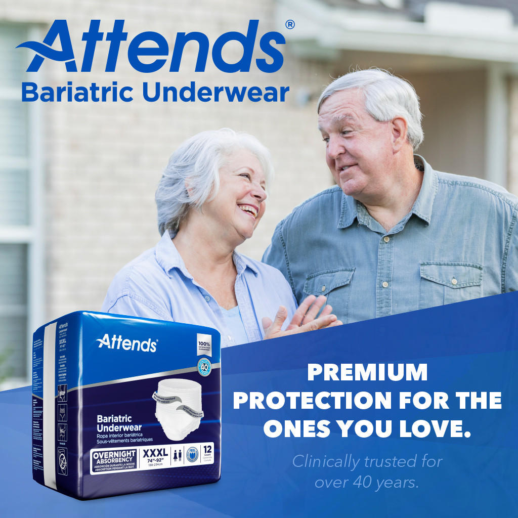 An older couple smiling outdoors with Attends Bariatric Protective Underwear, 3XL in the foreground. Text: Premium protection for loved ones. Attends—clinically trusted heavy absorbency for over 40 years.