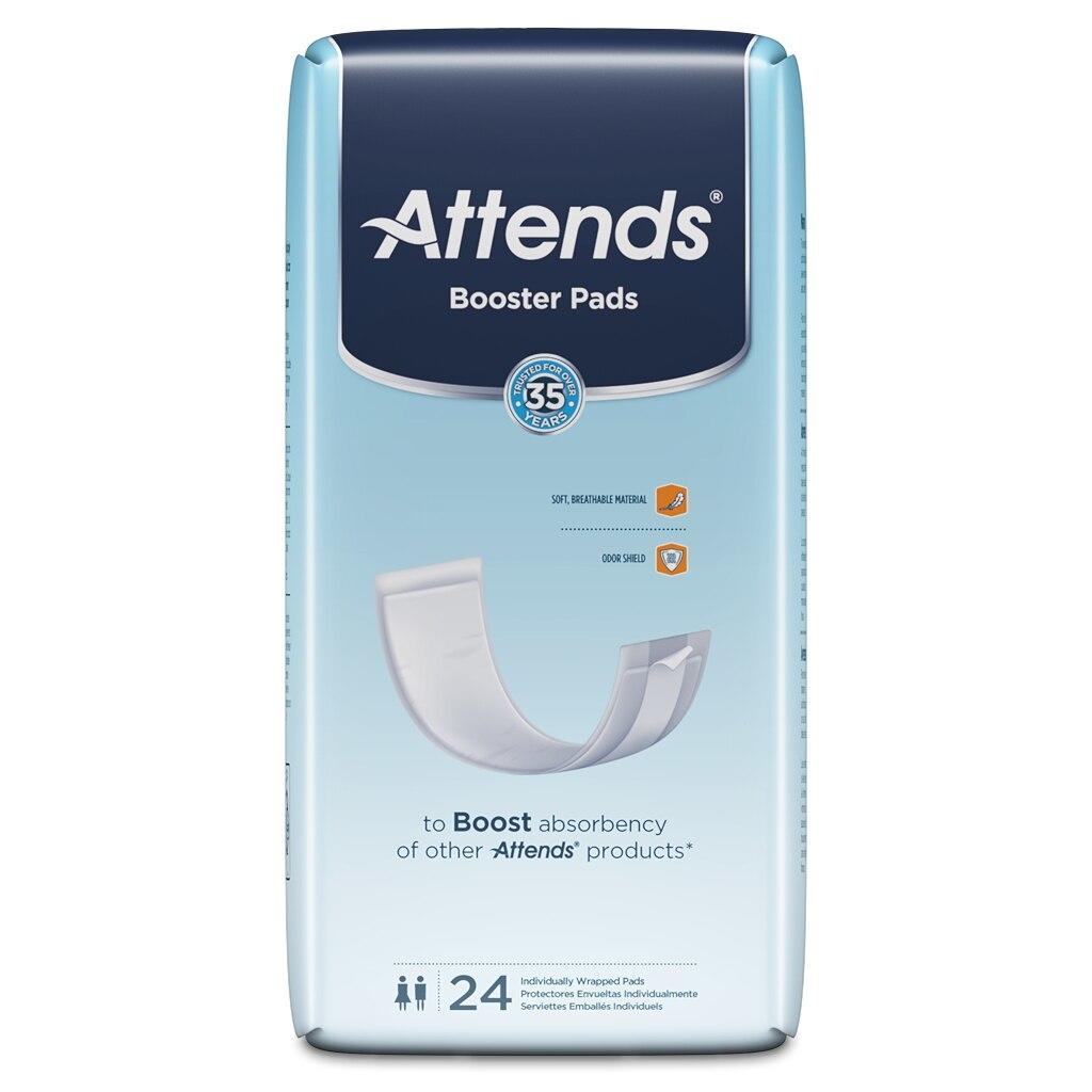 A blue and white package of Attends Booster Pads from Attends, with absorbency icons and text highlighting 24 individually wrapped pads designed to boost the absorbency of other Attends products.