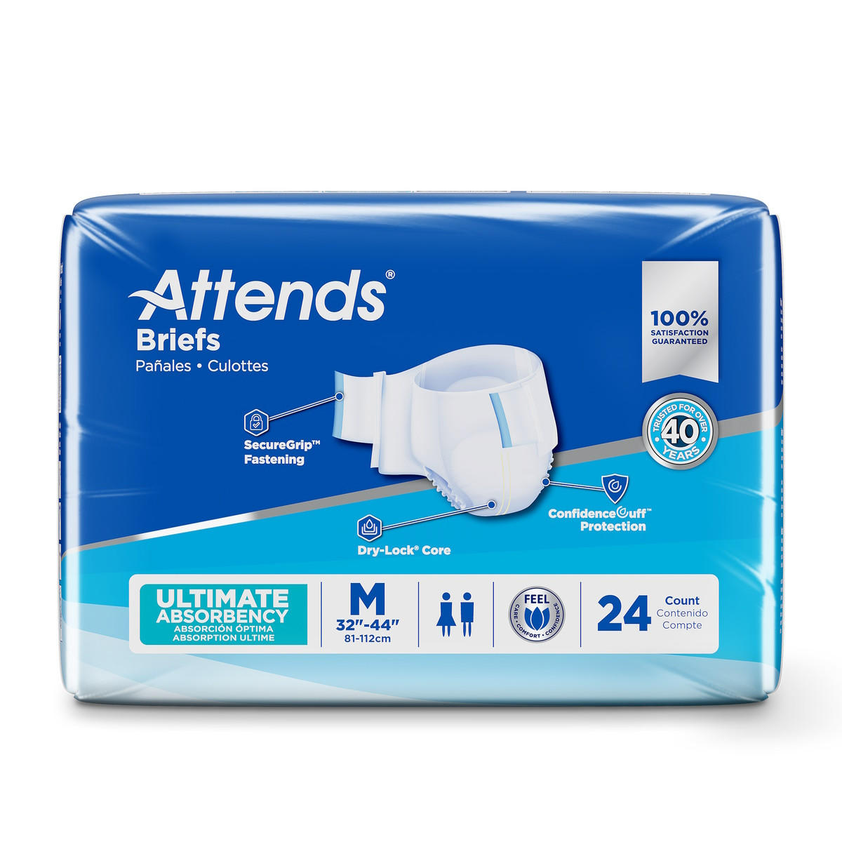 A blue and white pack of Attends Briefs Ultimate Absorbency by Attends includes 24 medium (32-44 in) briefs with heavy absorbency, SecureGrip fasteners, Dry-Lock core for leaks, and ConfidenceCuff for added security.