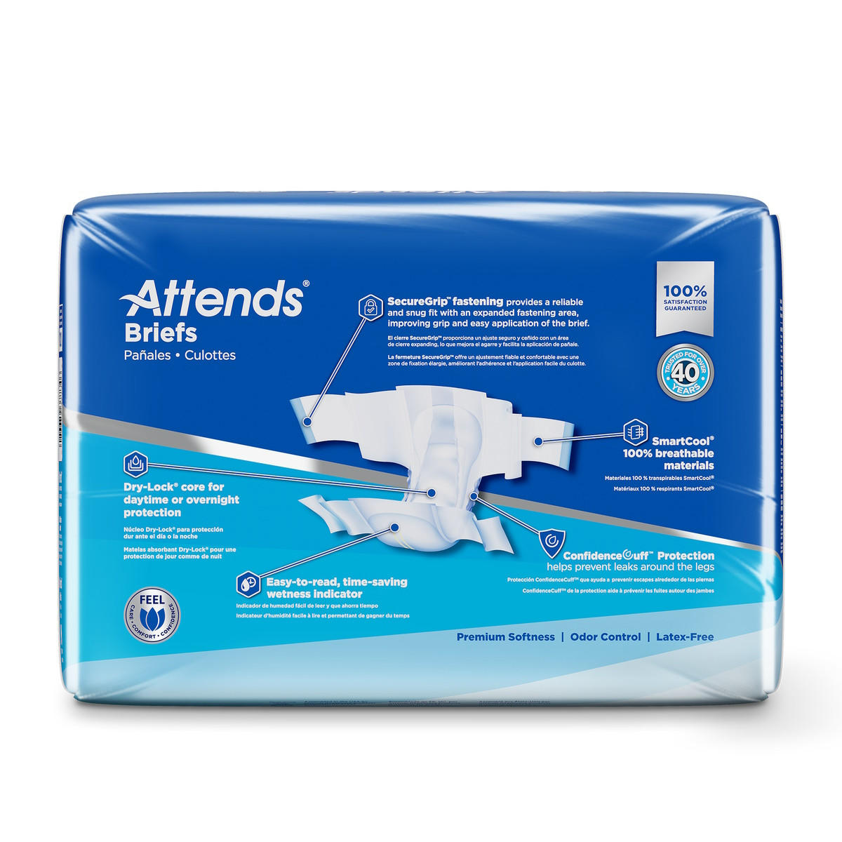 A package of Attends Briefs Ultimate Absorbency by Attends offers leak protection, secure fastening, breathable material, odor control, wetness indicator, and displays a large image of an opened heavy absorbency adult diaper on the front.