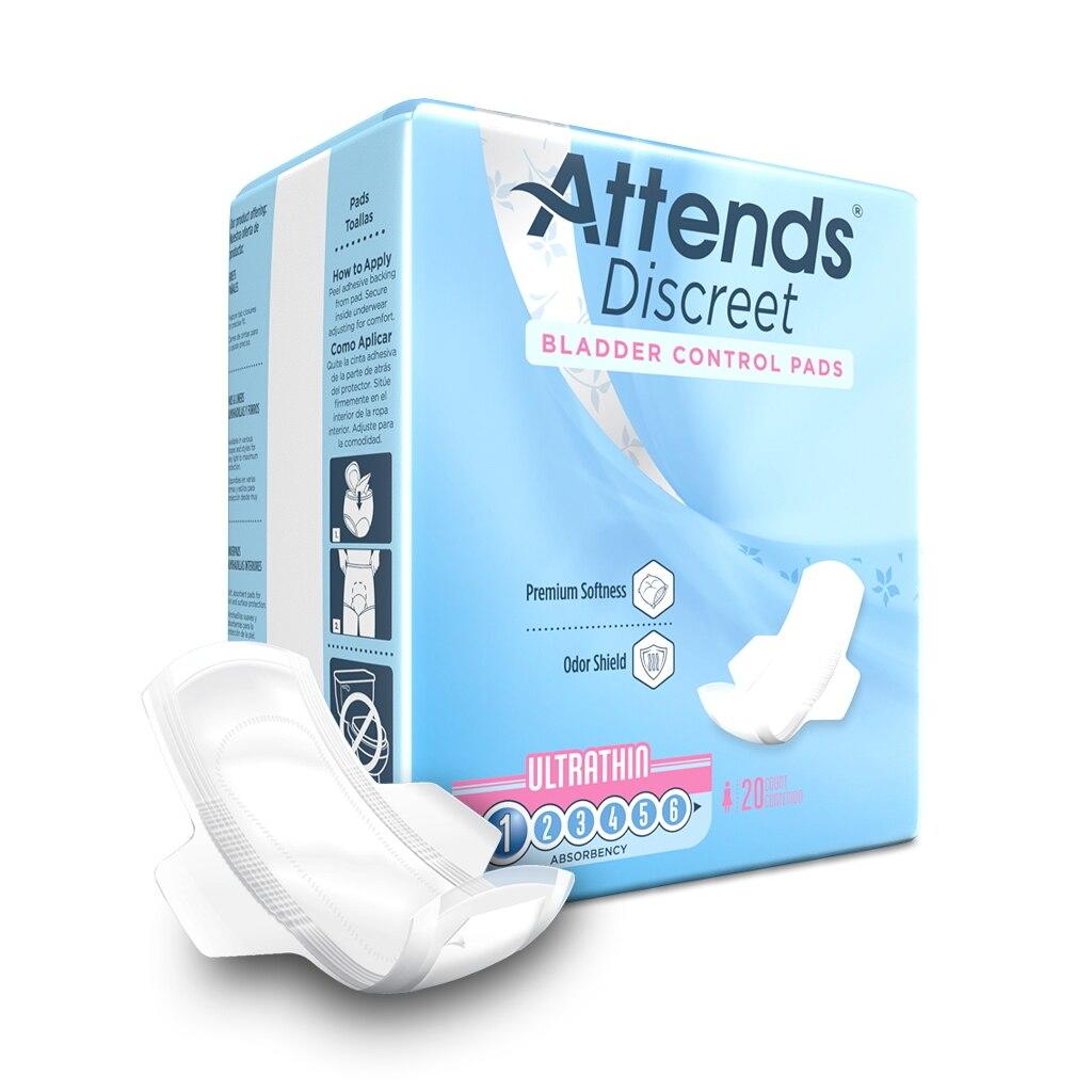 A box of Attends Discreet Ultrathin Pads by Attends is shown with one pad outside, featuring premium softness and odor-shield protection highlighted on the packaging.