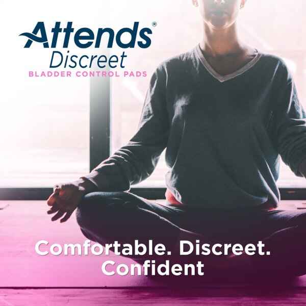 A person sits cross-legged in meditation as sunlight streams through a window. Text reads: Attends Discreet Ultrathin Pads by Attends—comfortable, discreet protection for confident bladder control.