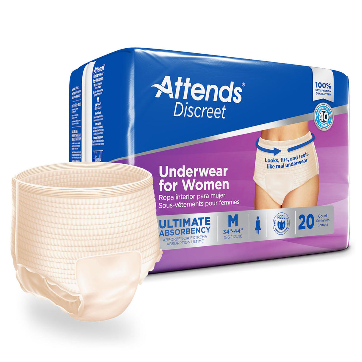 A package of Attends Discreet Womens Underwear by Attends, showing a woman in the product and a close-up of the packaging. Contains 20 medium-size briefs with ultimate absorbency for reliable protection.