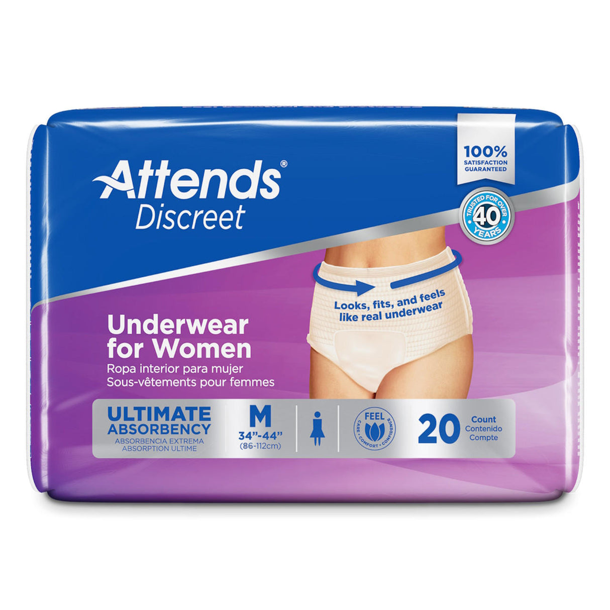 A 20-count pack of Attends Discreet Womens Underwear by Attends, medium size, featuring a model and text in English and Spanish. Highlights Ultimate Absorbency for incontinence protection.