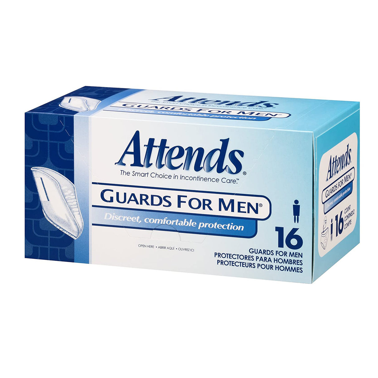A box of Attends Guards for Men by Attends offers discreet, comfortable light absorbency incontinence pads for men—16 guards per box, with packaging featuring a male icon and an image of a single guard.