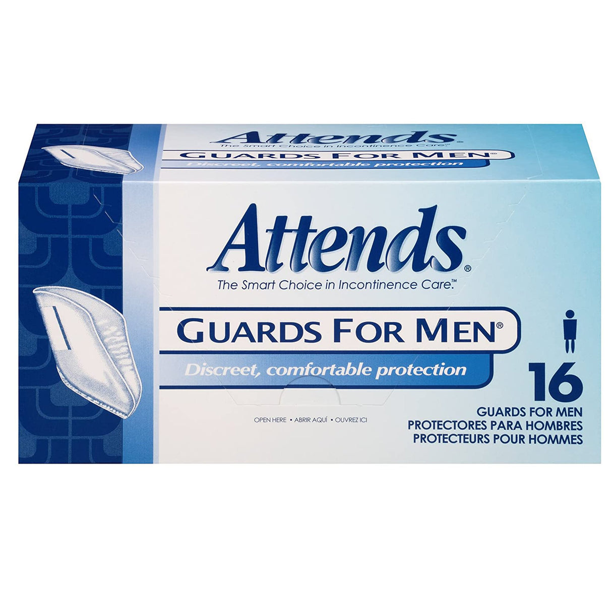 Attends Guards for Men by Attends offers 16 blue and white discreet pads for light male incontinence. The packaging displays the product name and an image of a guard pad.