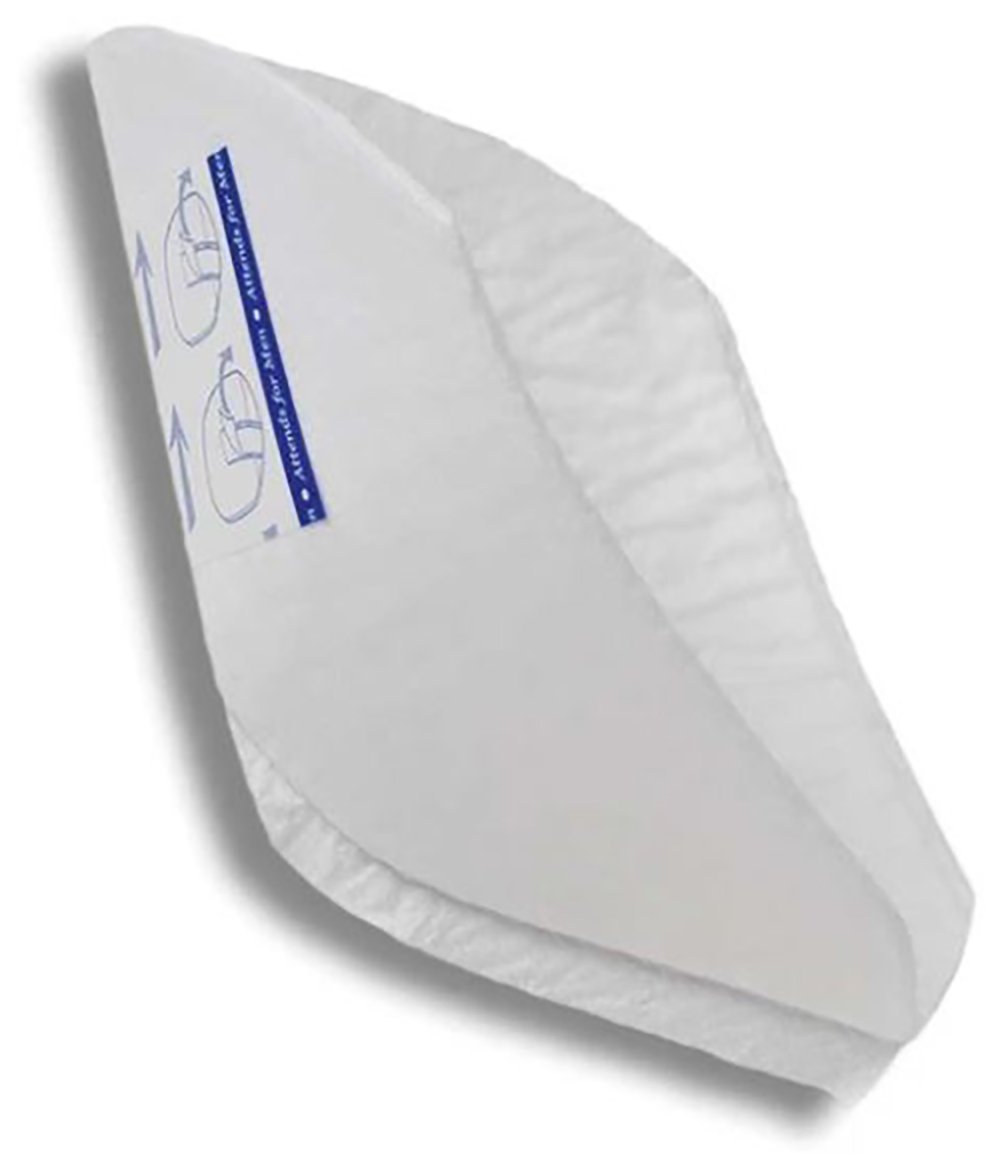 A white disposable face mask filter insert with a curved shape and blue printed instructions, similar in design to Attends Guards for Men by Attends, shows diagrams for correct placement inside a face mask.