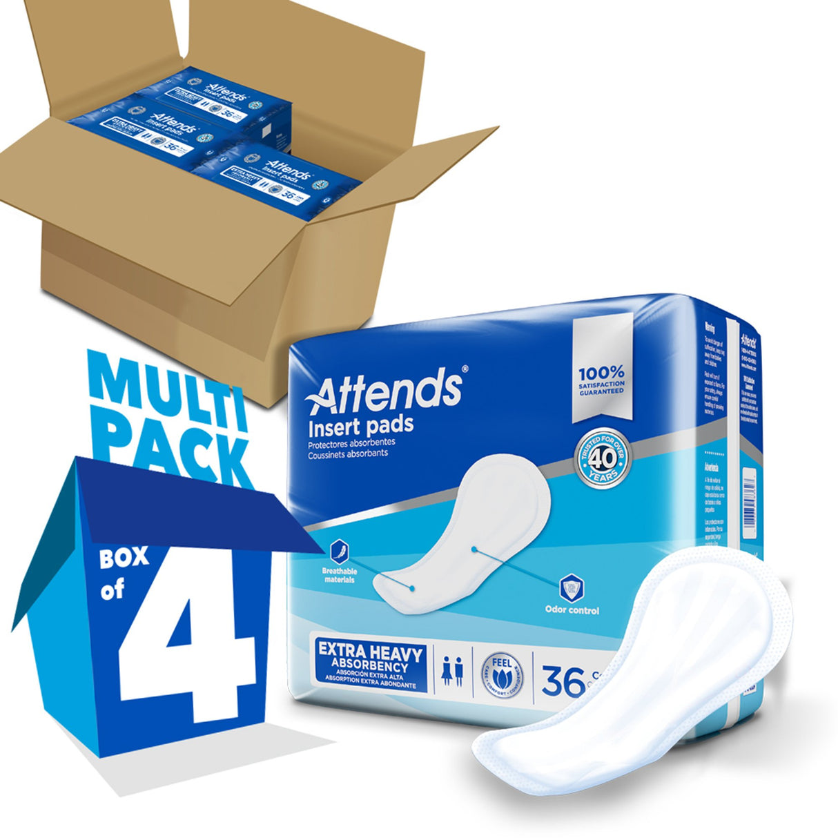 Attends Insert Pads, Extra Heavy by Attends—ideal for post-partum acute care or moderate incontinence needs. Includes a close-up of the pad, a multi-pack box of 4, and an open box showing four packs inside.