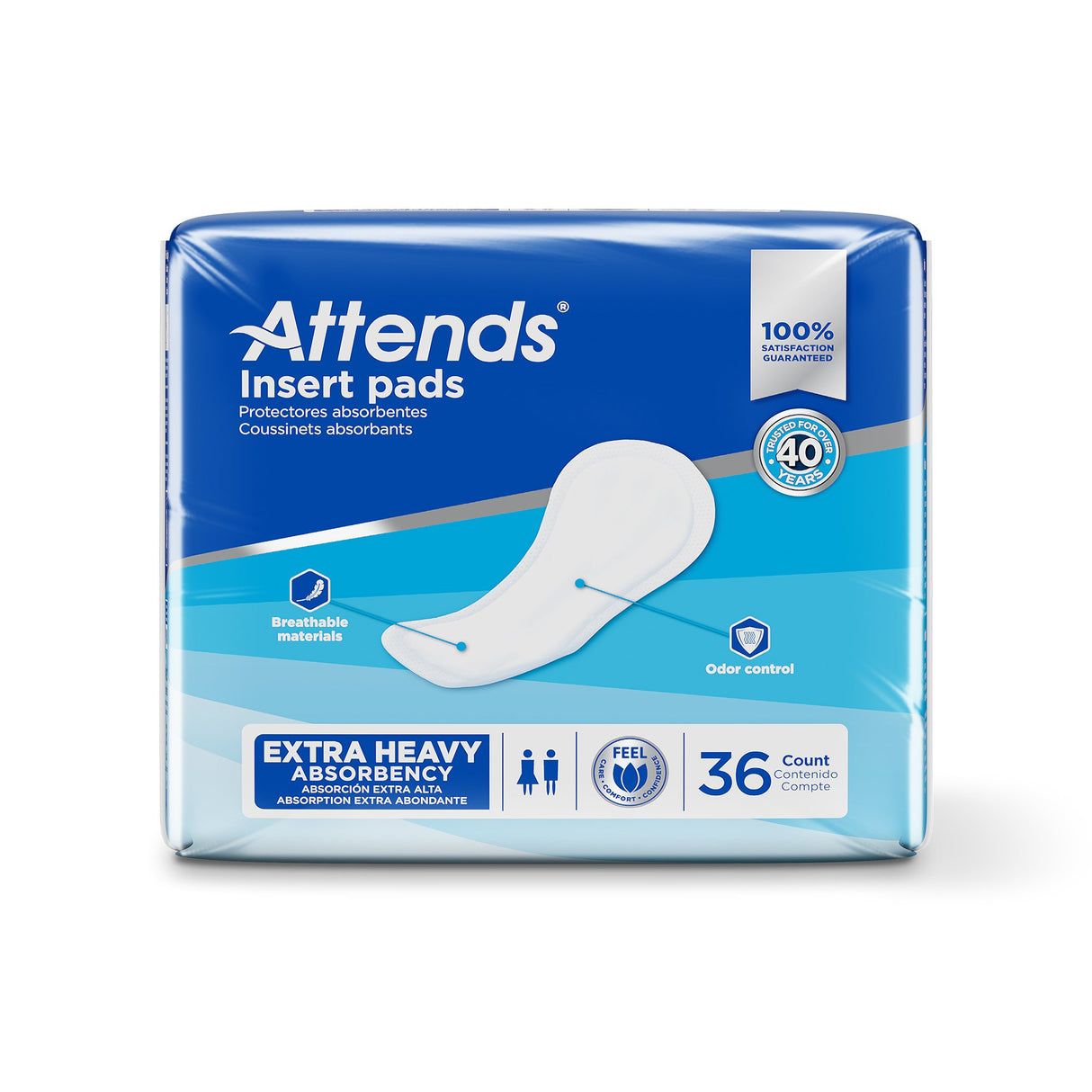 A 36-count package of Attends Insert Pads, Extra Heavy, for moderate incontinence. Features extra heavy absorbency, breathable material, odor control, 100% performance guarantee, and 40 years of trusted Attends protection.