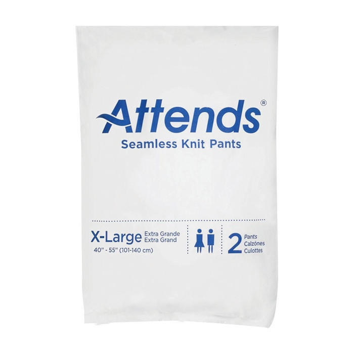 White package of Attends Knit Pants by Attends, X-Large (40-55/101-140 cm), includes 2 mesh pants for holding absorbent pads. Blue text and unisex icons are featured on the packaging.