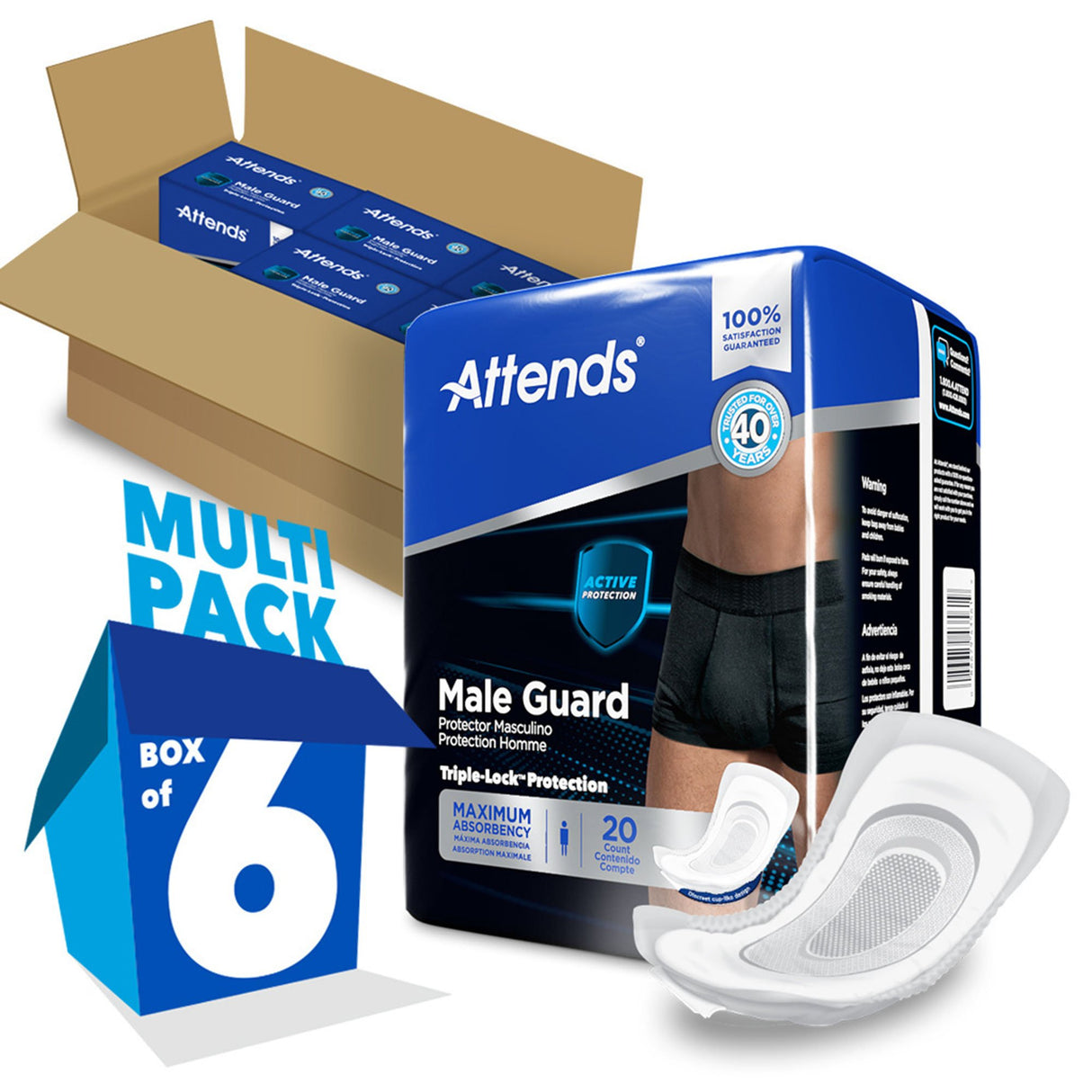 The image shows a box labeled MULTI PACK BOX OF 6 containing multiple packs of Attends Male Guard by Attends for bladder leak protection, along with an individual male incontinence pad. An open shipping box is also visible.